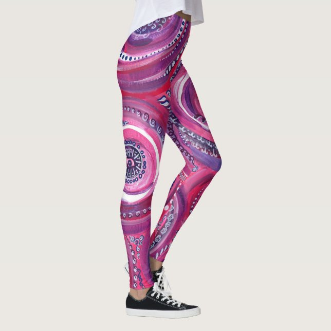 Rosa und Lila Kreise und Wirbel Originale Kunst Leggings (Rechts)