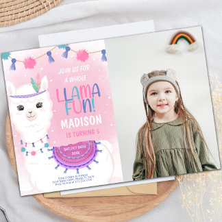 Rosa und Lila Llama Geburtstag Einladung mit Foto