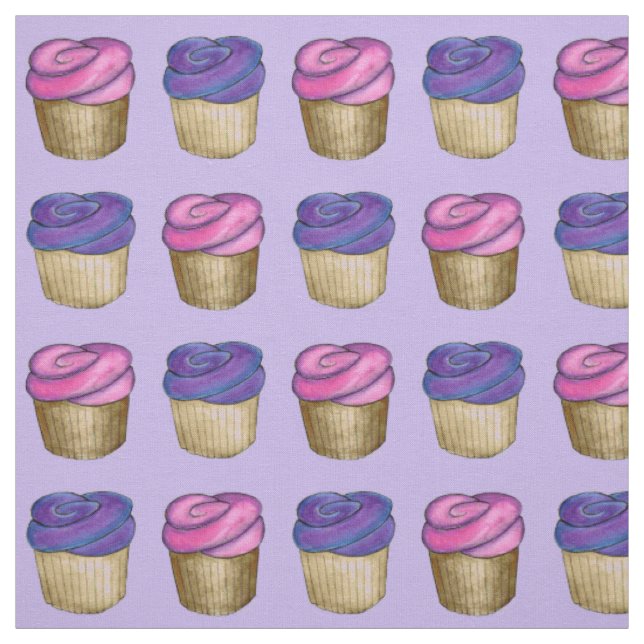 Rosa und Lila Mattierte Wasserfarben Cupcakes Stoff (Muster)