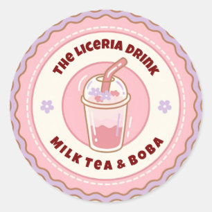 Rosa und Lila Niedliches Boba Milk Tee Logo Runder Aufkleber
