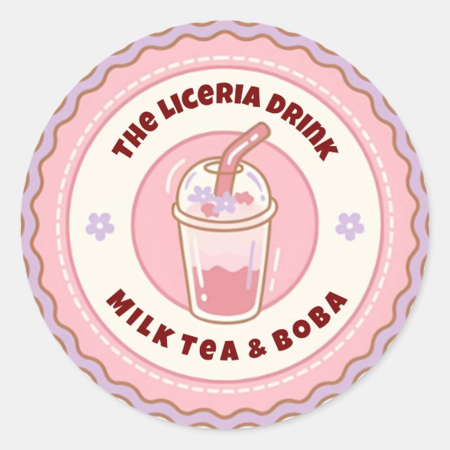 Rosa und Lila Niedliches Boba Milk Tee Logo Runder Aufkleber (Vorderseite)