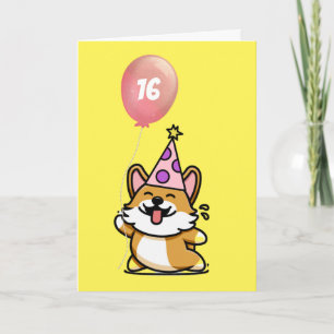 Rosa und Lila Party Hat Corgi 16. Geburtstag Karte