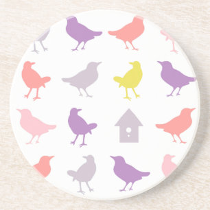 Rosa und Lila Pastellvögel mit Birdhouse Sandstein Untersetzer