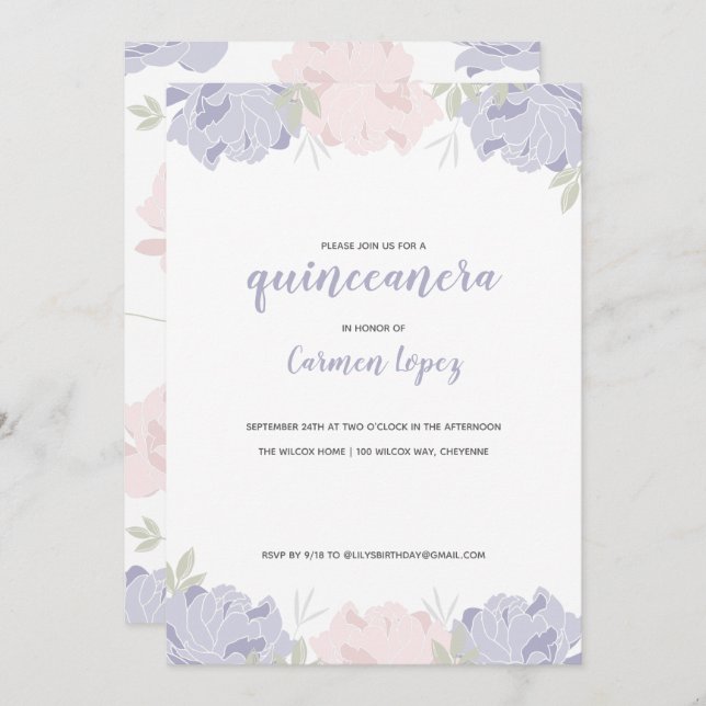 Rosa und Lila Peonies Quinceanera Party Einladung (Vorne/Hinten)
