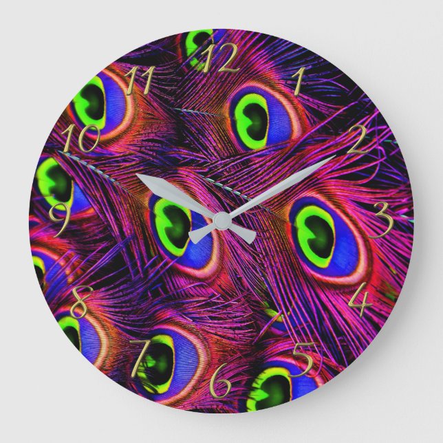 Rosa und lila Pfaufeder-Beschaffenheitsentwurf Große Wanduhr (Vorderseite)