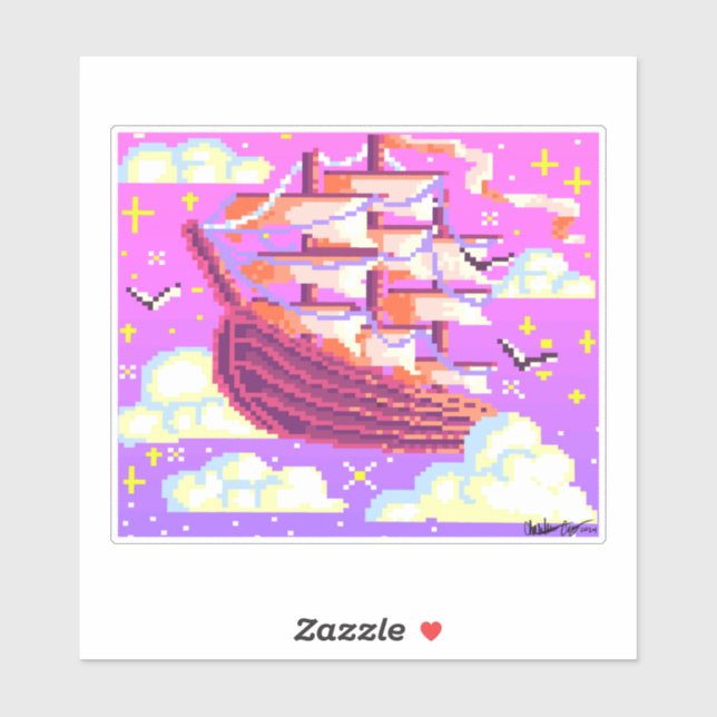 Rosa und lila Pixel fliegendes Schiff Aufkleber (Blatt)