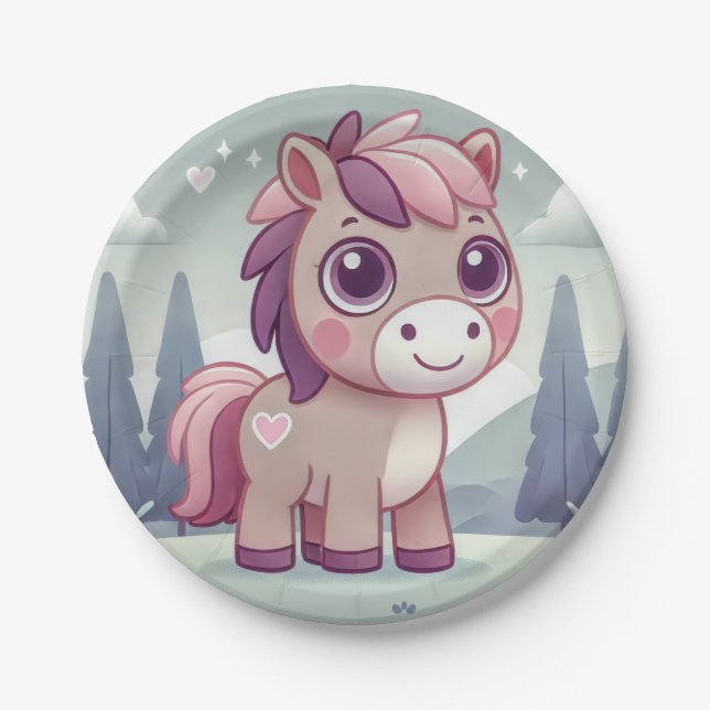 Rosa und Lila Pony in Dreamy Meadow Paper Plate Pappteller (Vorderseite)