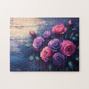 Rosa und Lila Rose auf Holz Puzzle