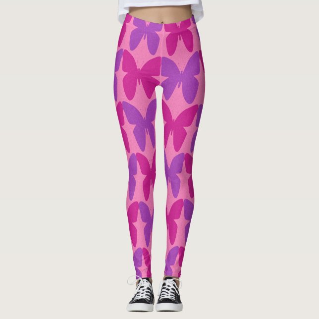 Rosa und lila Schmetterlingsmuster Leggings (Vorderseite)