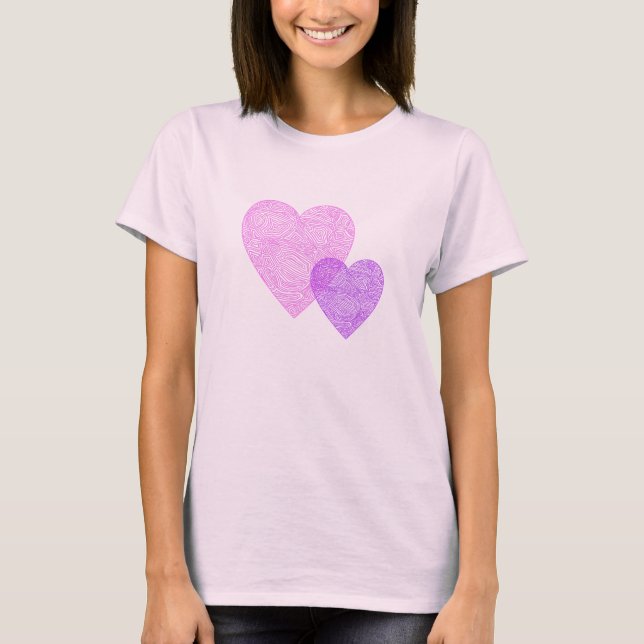 Rosa und lila Scribbleprint Herzen T-Shirt (Vorderseite)