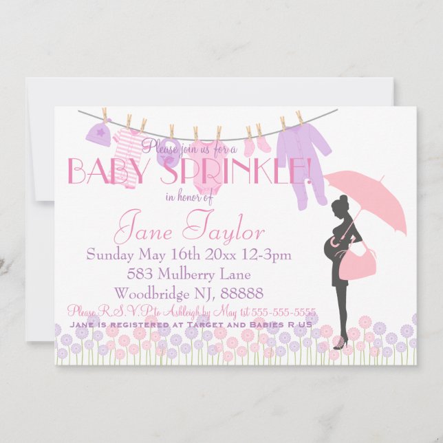Rosa und lila Silhouette-Baby besprühen Einladung (Vorderseite)
