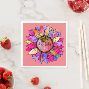 Rosa und lila Sonnenblumen-Wasserfarben-Geburtstag Serviette