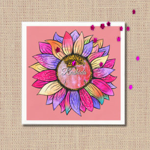 Rosa und lila Sonnenblumen-Wasserfarben-Geburtstag Serviette