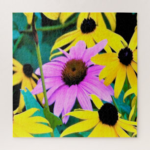 Rosa und lila Sonnenhut mit gelben Blumen Puzzle