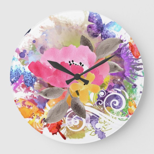 Rosa und lila Spritze Große Wanduhr (Vorderseite)