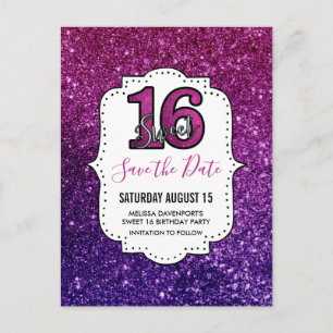 Rosa und Lila süß 16 Sparkling Save the Date Postkarte
