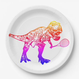 Rosa und Lila T-Rex Dinosaur Tennisspieler Pappteller