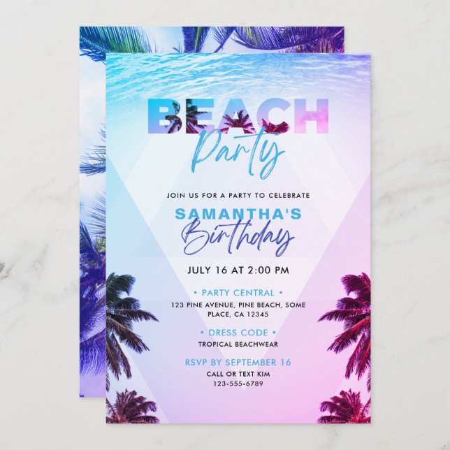 Rosa und Lila Tropenstrand Sonnenuntergang Geburts Einladung (Vorne/Hinten)