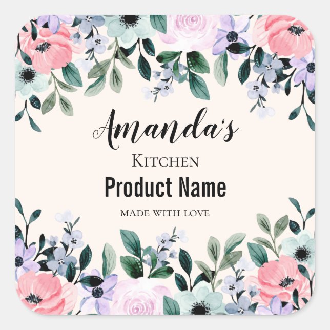 Rosa und Lila Wasserfarbe Blumenstrauß Küche Quadratischer Aufkleber (Vorderseite)