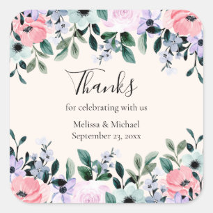 Rosa und Lila Wasserfarben - Blumenrinde Danke Quadratischer Aufkleber