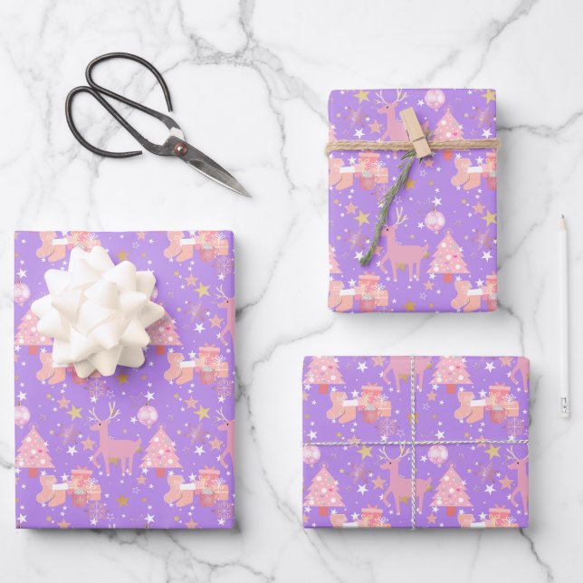 Rosa und Lila Weihnachtsgestaltung Geschenkpapier Set (Vorderseite)
