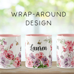 Rosa und Lila Wrap-Around-Bienen und -Blume, zwei Zweifarbige Tasse