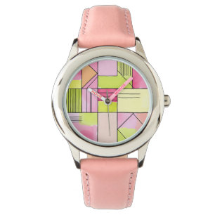 Rosa und Limettengrün Patchwork abstrakt Armbanduhr
