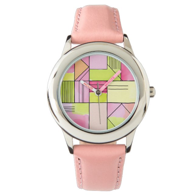Rosa und Limettengrün Patchwork abstrakt Armbanduhr (Vorderseite)