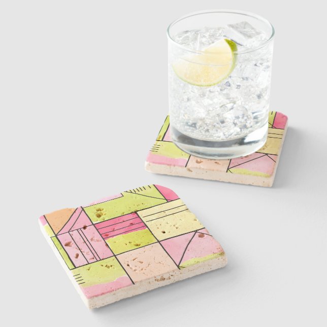 Rosa und Limettengrün Patchwork abstrakt Steinuntersetzer (Seitenansicht)