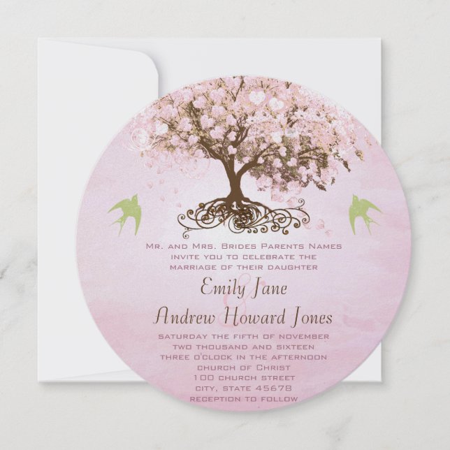 Rosa und Limone Herzleaf Tree Hochzeitseinladungen Einladung (Vorderseite)