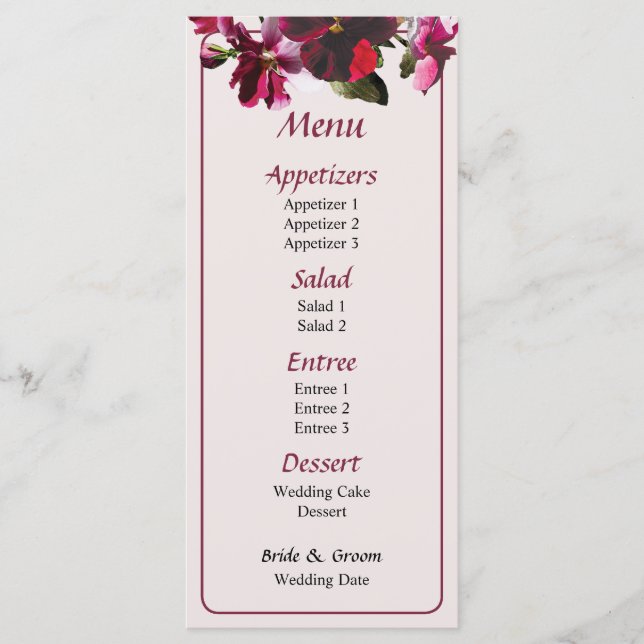Rosa und Magenta Stiefmütterchen Hochzeitsmenü Menükarte (Vorderseite)
