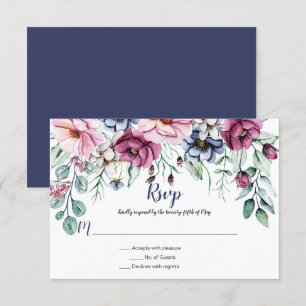 Rosa und Marineblau Aquarell Blumenmuster RSVP Karte