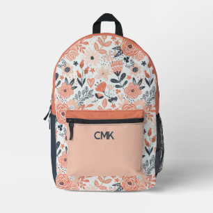 Rosa und Marineblau Modernes Florales Monogramm Bedruckter Rucksack