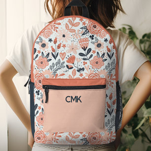 Rosa und Marineblau Modernes Florales Monogramm Bedruckter Rucksack