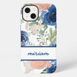 Rosa und Marineblau Wasserfarben-Blumen-Name iPhone 13 Hülle