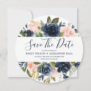 Rosa und marineblaue Aquarell-Blumen Hochzeit Save The Date