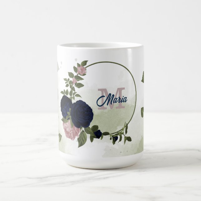 Rosa und marineblaue Blumen Grünpflanzen Monogramm Kaffeetasse (Mittel)