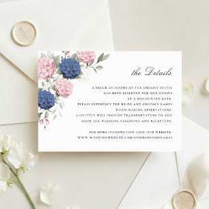 Rosa und marineblaue Hortensien-Hochzeitsdetails Einladung