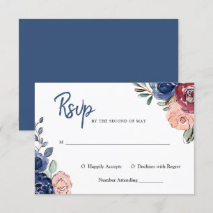 Rosa und Marineblaue Wasserfarben-Blumen Hochzei Einladung