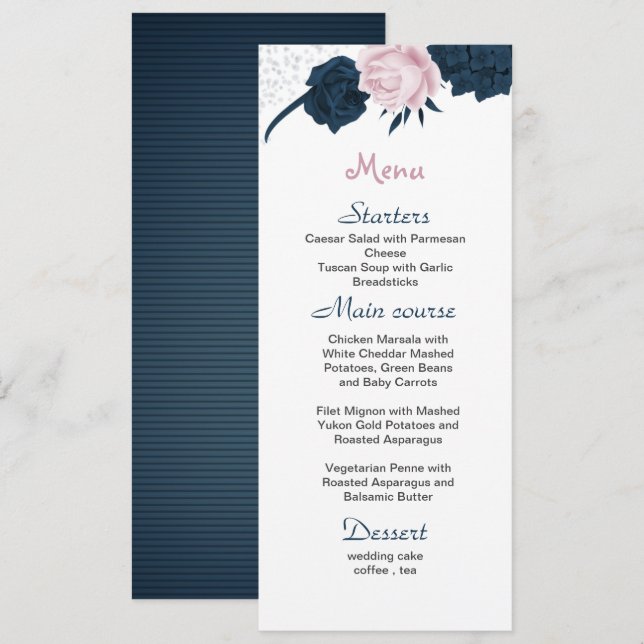 Rosa und Marinebrücke Blume Hochzeit Menükarte (Vorne/Hinten)