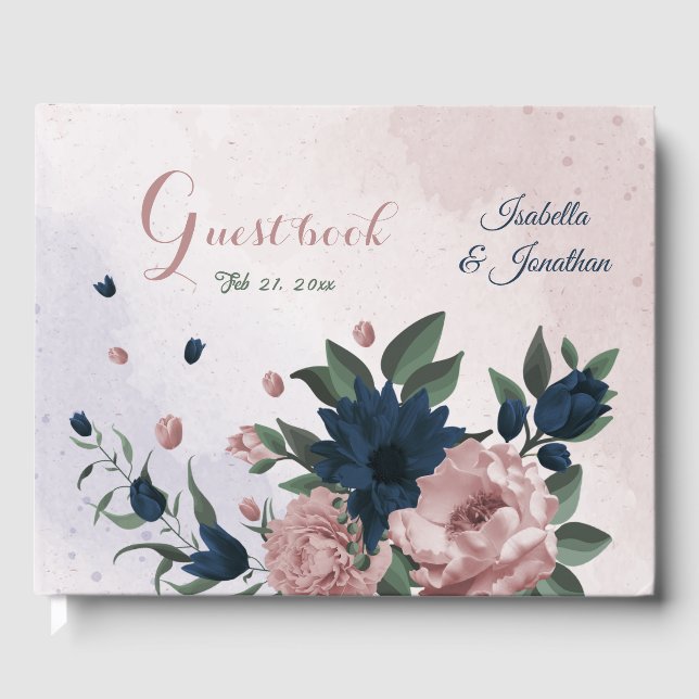 Rosa- und Marinehochzeit Blume Gästebuch (Vorderseite)
