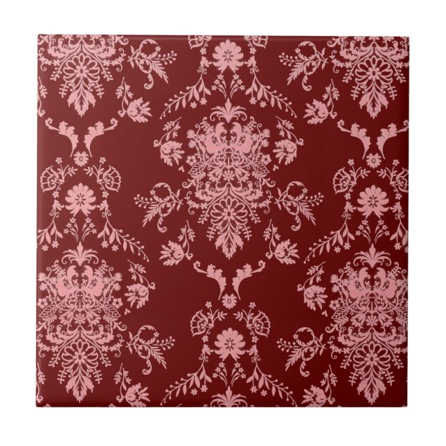 Rosa und Maroon Damask Keramik Tile Fliese (Vorderseite)