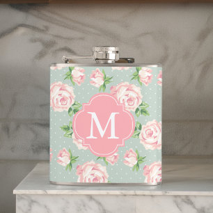 Rosa und Mint alte Rosen Muster Monogrammiert Flachmann