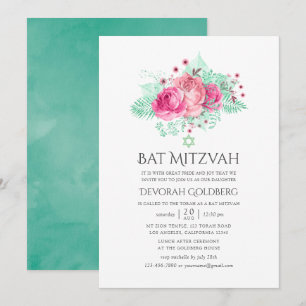 Rosa und Mint Blumen Bat Mizwa Einladung