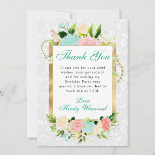 Rosa und Mint Blumen Gold Geburtstag Dankeskarte