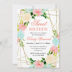 Rosa und Mint Blumen Goldrahmen Sweet 16 Einladung