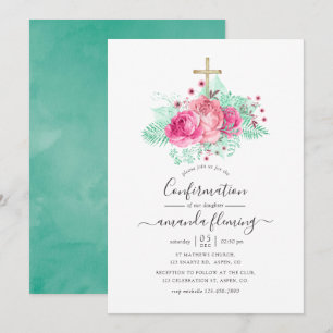 Rosa und Mint Blumen Konfirmation Einladung