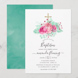 Rosa und Mint Blumen-Taufe Einladung