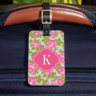 Rosa und Mint Vintage-Rosen-Monogramm Gepäckanhänger
