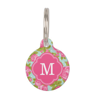 Rosa und Mint Vintage-Rosen-Monogramm Tiernamensmarke
